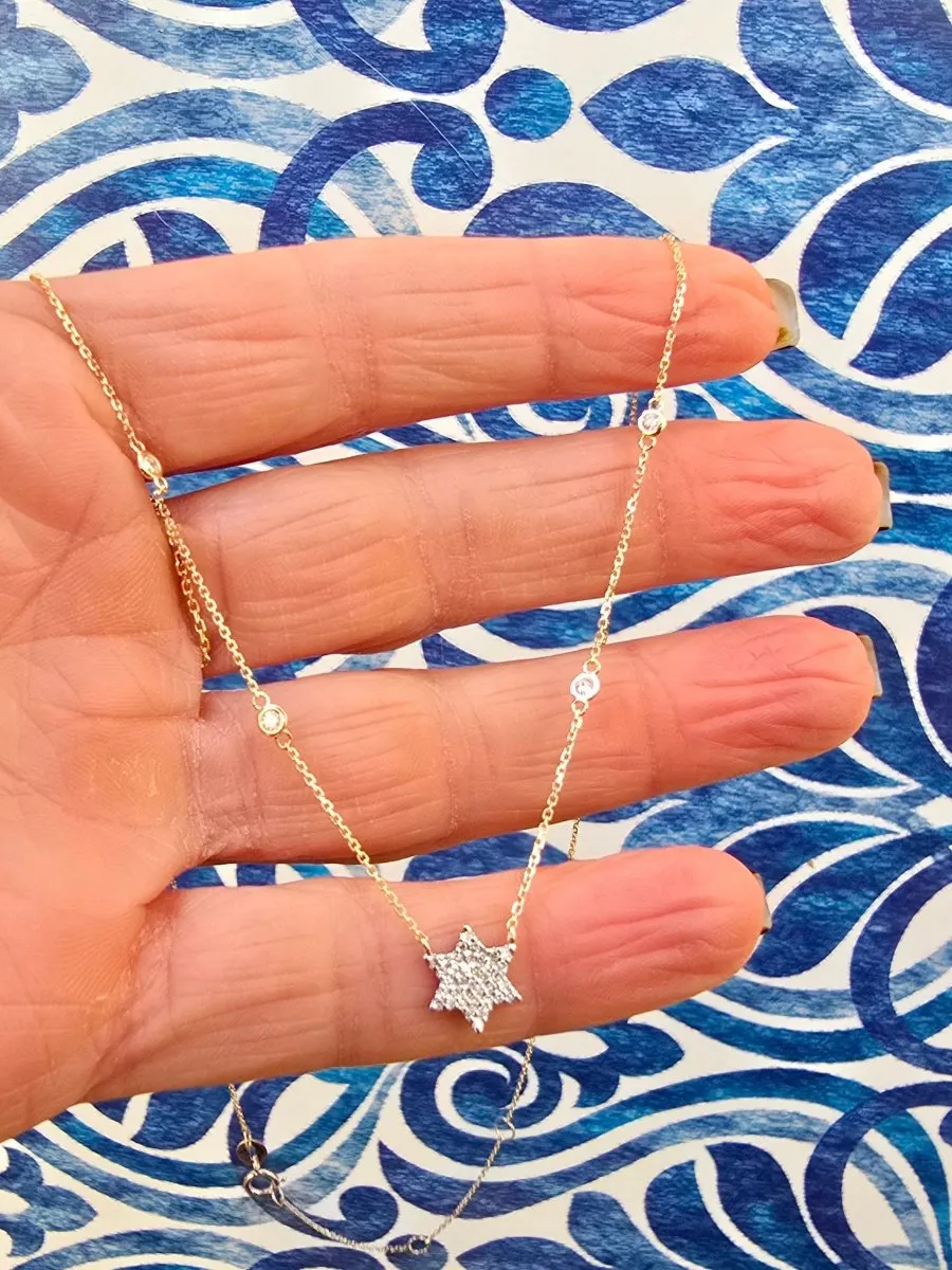 Pave Star of David Necklace 14k Gold with Diamonds on Chain