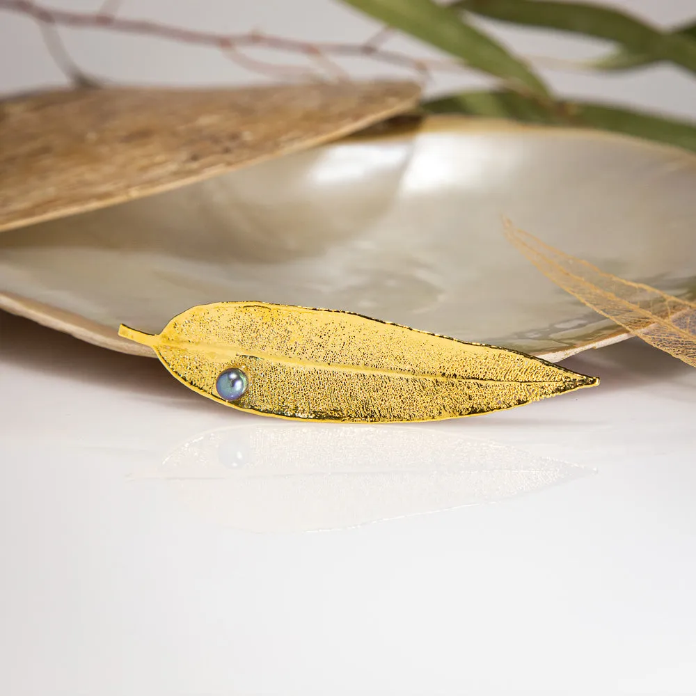 Pearls on Eucalyptus Red Gum Leaf Gold Brooch