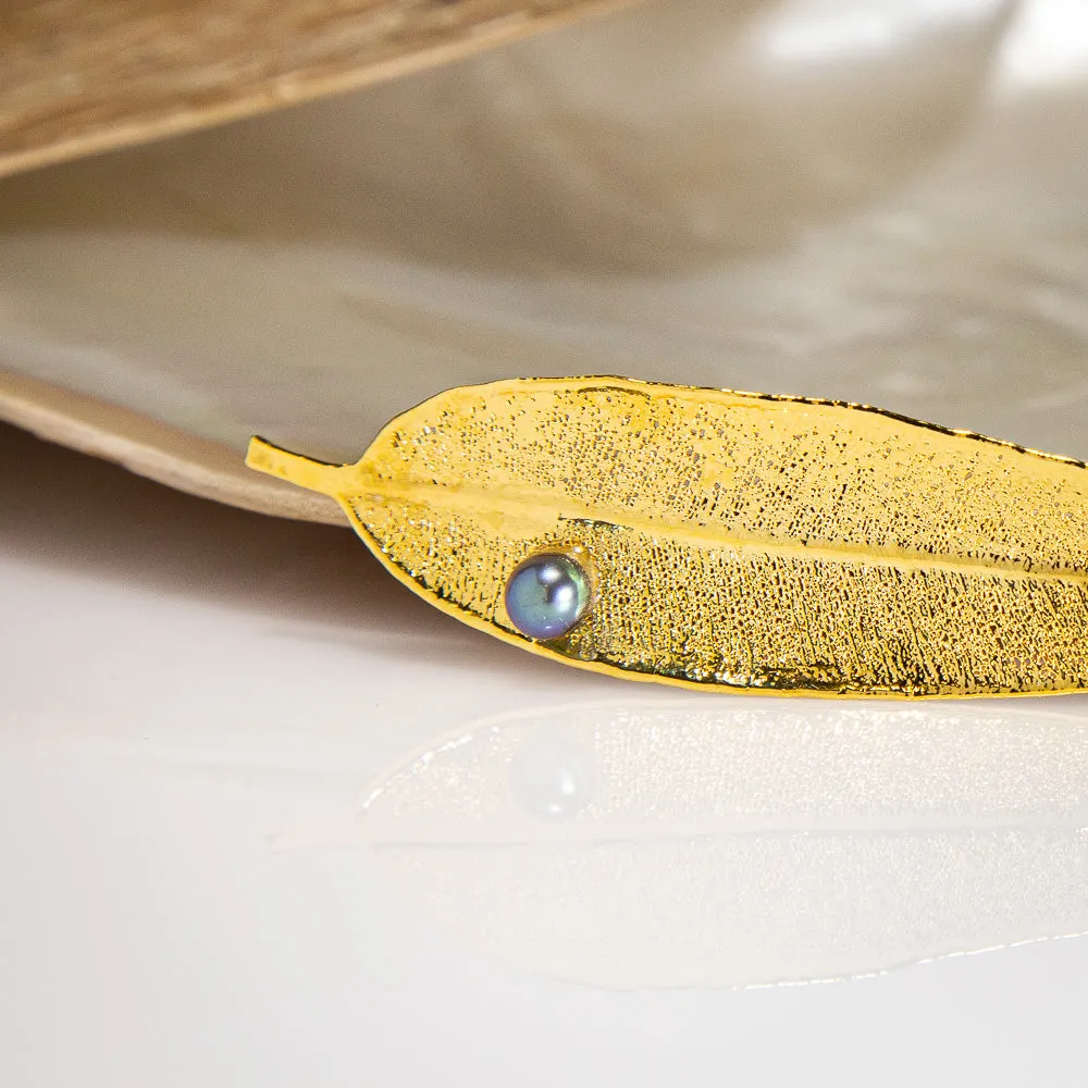 Pearls on Eucalyptus Red Gum Leaf Gold Brooch