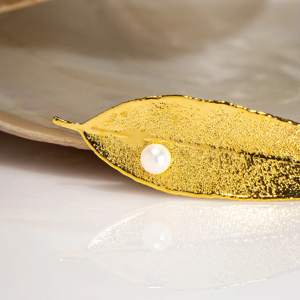 Pearls on Eucalyptus Red Gum Leaf Gold Brooch