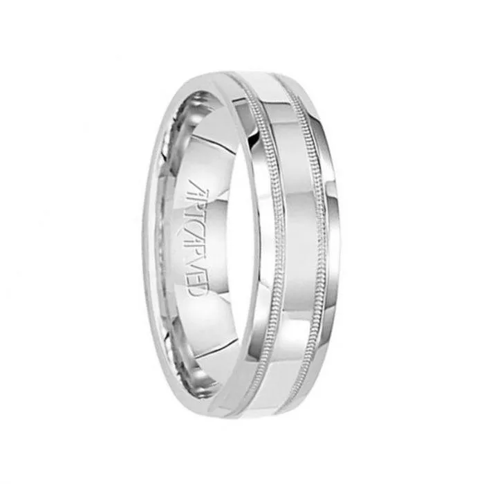 PLEDGE 14k White Gold Wedding Band Flat Polished Finish Center with Milgrain Design by Artcarved - 5.5 mm