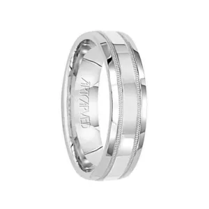 PLEDGE 14k White Gold Wedding Band Flat Polished Finish Center with Milgrain Design by Artcarved - 5.5 mm