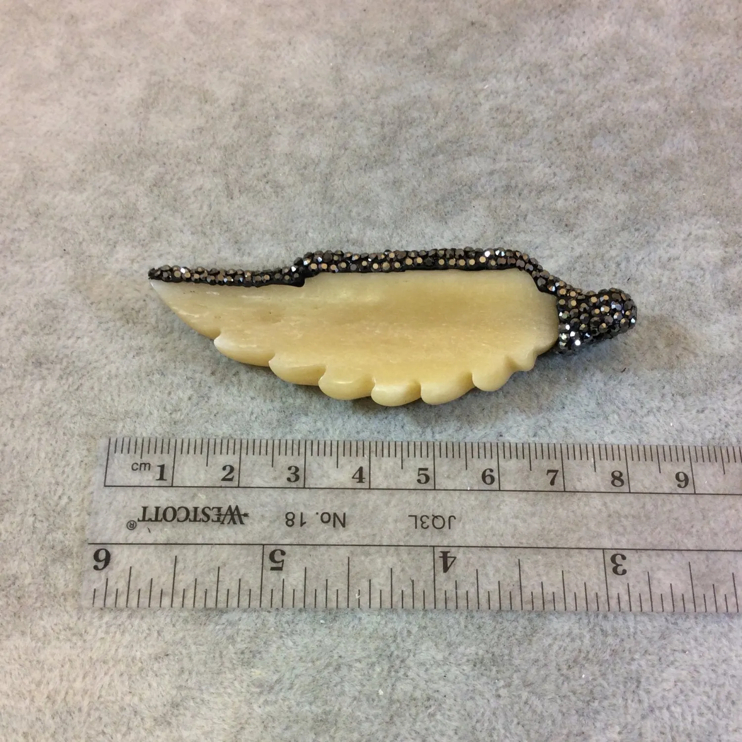 Rhinestone Encrusted Carved Wing/Feather Shaped White Bone Pendant - Measuring 25mm x 75mm, Approx. - Sold Individually