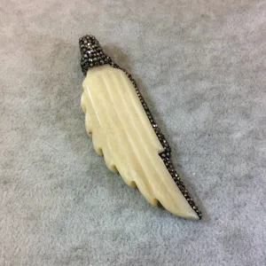 Rhinestone Encrusted Carved Wing/Feather Shaped White Bone Pendant - Measuring 25mm x 75mm, Approx. - Sold Individually