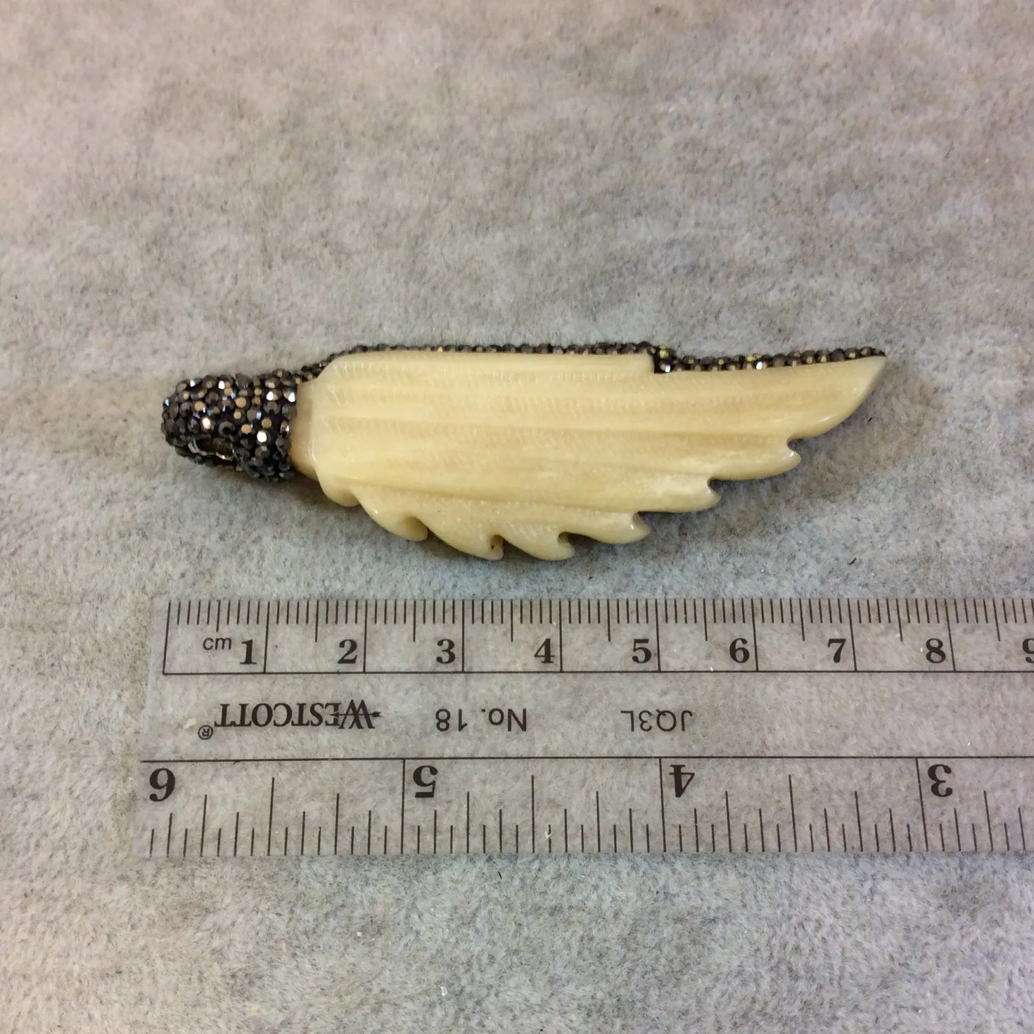 Rhinestone Encrusted Carved Wing/Feather Shaped White Bone Pendant - Measuring 25mm x 75mm, Approx. - Sold Individually