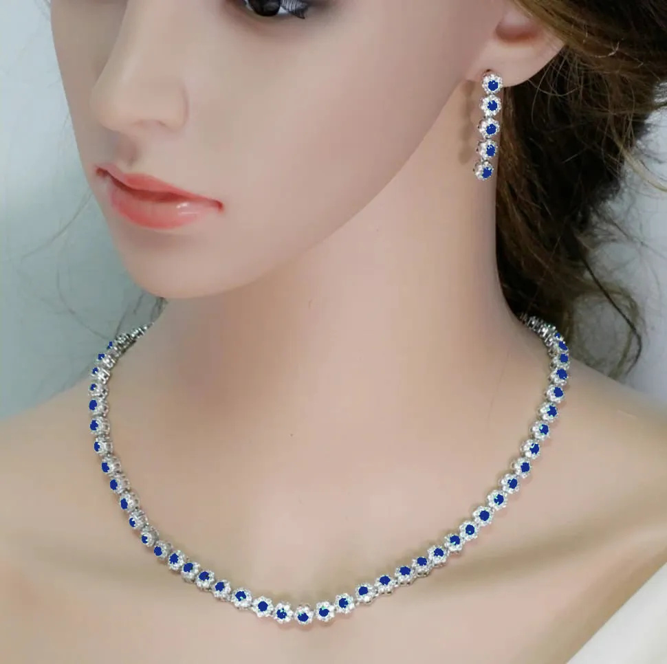 Royal Silver Plated Jewelry Set Encrusted With Attractive Blue Zircon Stones For Women, Brides, And Princesses