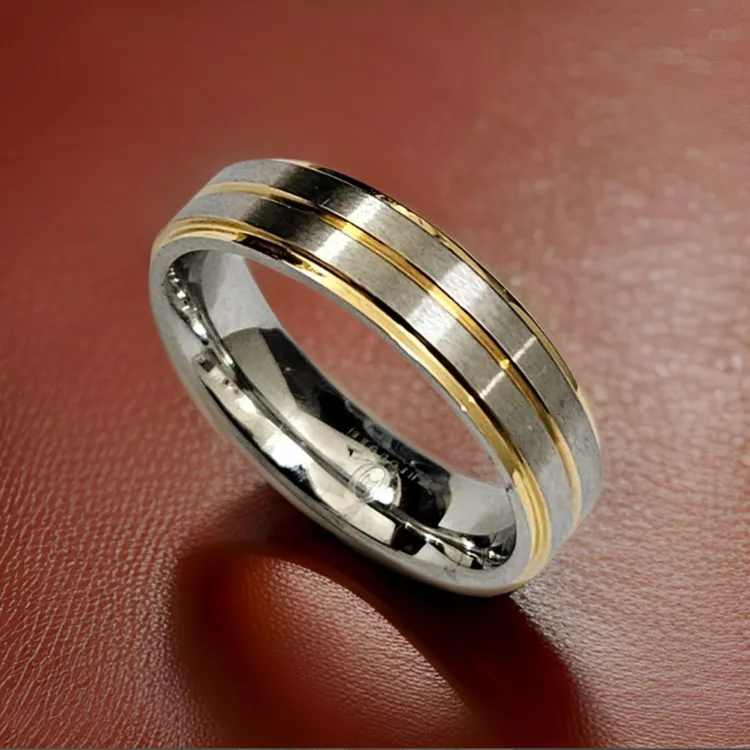 Sophisticated Satin Finish Stainless Steel Ring with Gold Accents