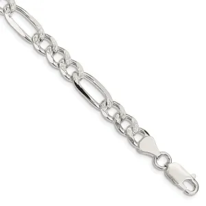 Sterling Silver 7.25mm Pav‚ Flat Figaro Chain Bracelet