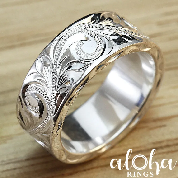 Sterling Silver 8mmx2mm 'Heavy Style' Hawaiian Jewelry Hand Engraved Ring - Flat Shape, Standard Fitment