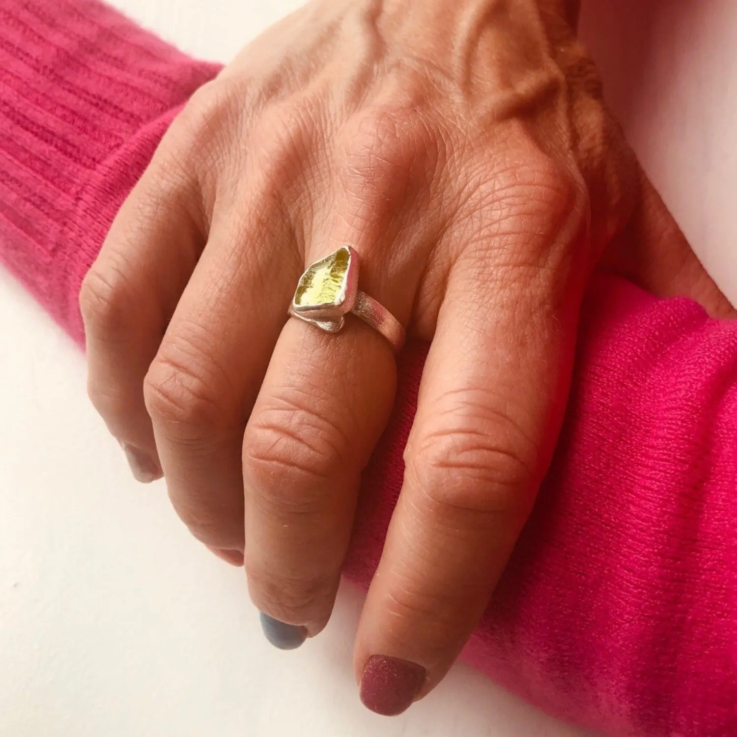 Sterling Silver and Rough Peridot Adjustable Ring