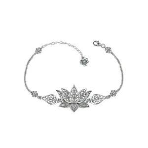 Sterling Silver Filigree Art Lotus Flower Design Woman Link Bracelet