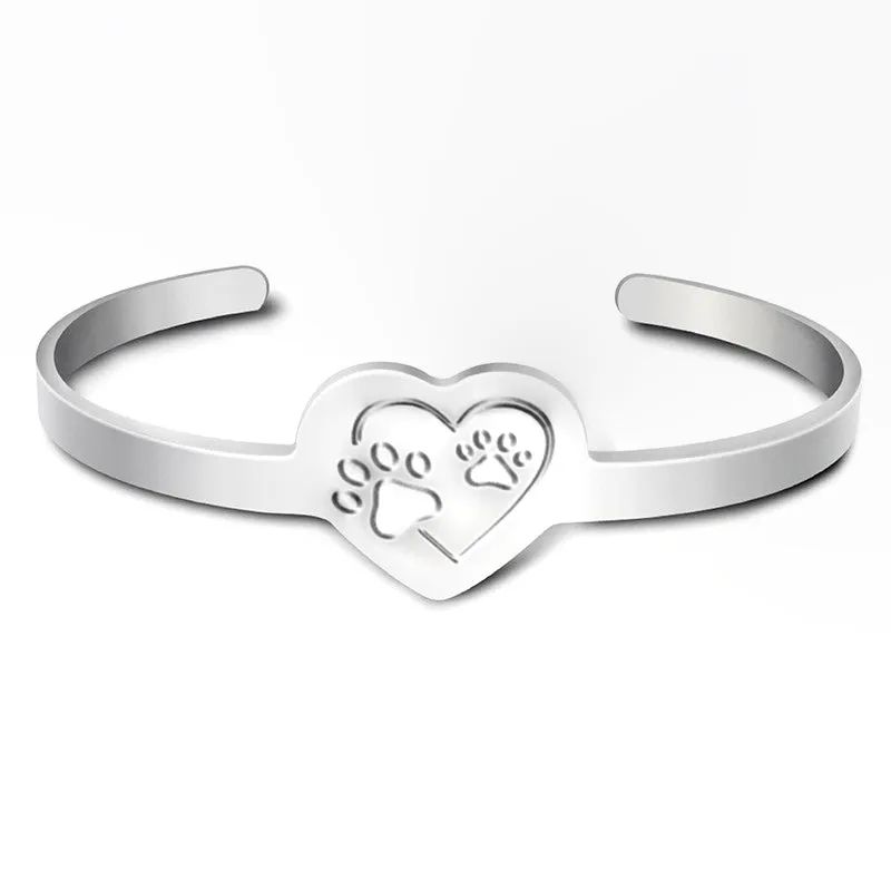 Sterling Silver Heart and Paw Cuff Bracelet