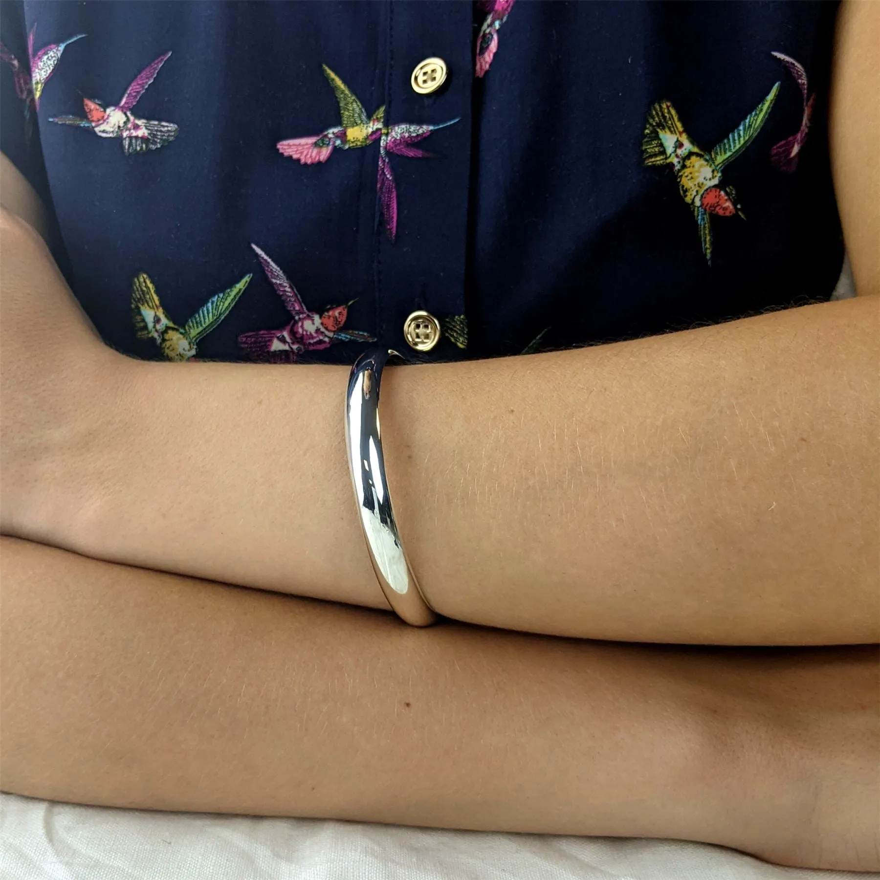 Sterling Silver Wide Round D-Shaped Bangle - Classic Stacking Bracelet