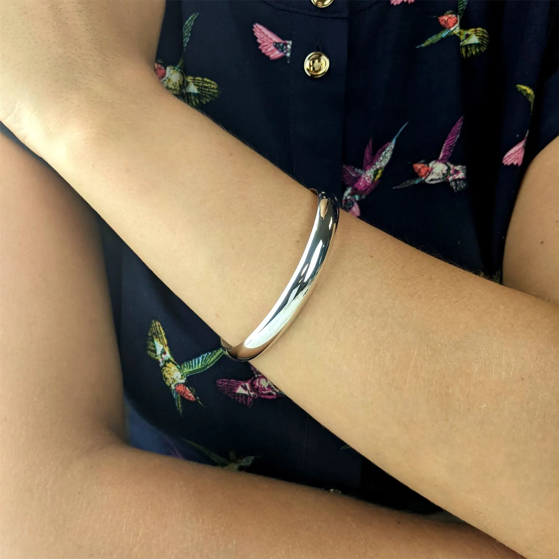 Sterling Silver Wide Round D-Shaped Bangle - Classic Stacking Bracelet
