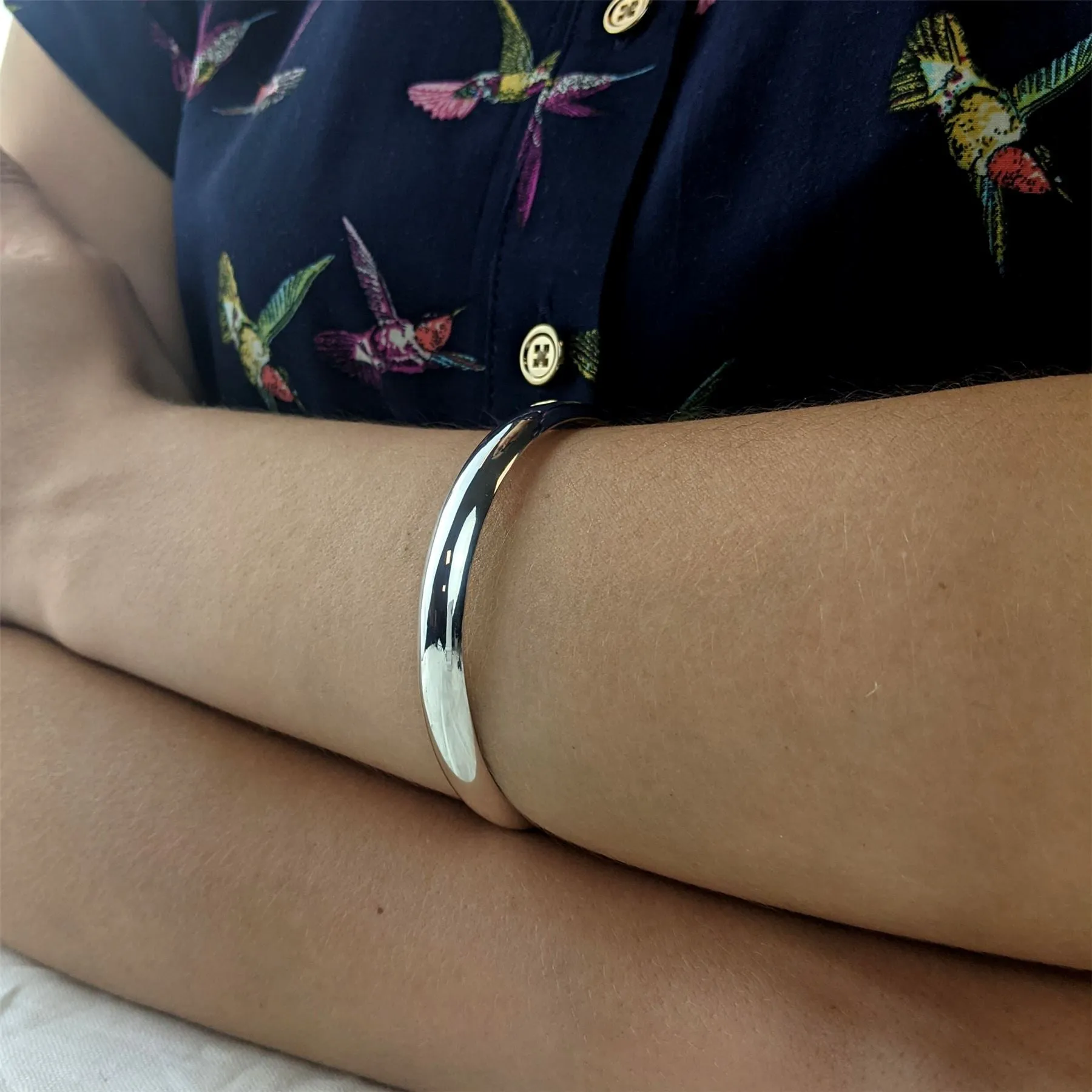 Sterling Silver Wide Round D-Shaped Bangle - Classic Stacking Bracelet