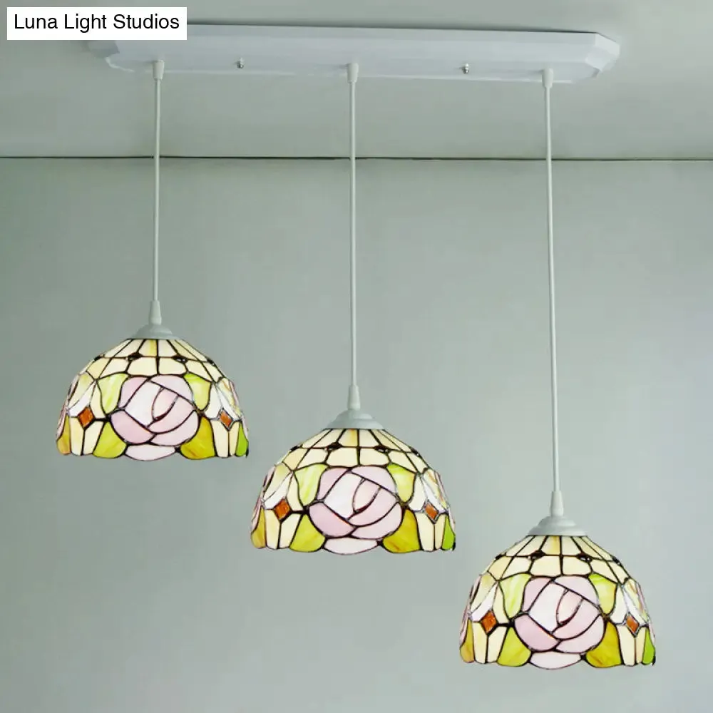 Victorian Dome Stained Glass Pendulum Light with White Rose Pattern - 3-Head Cluster Pendant for Dining Room