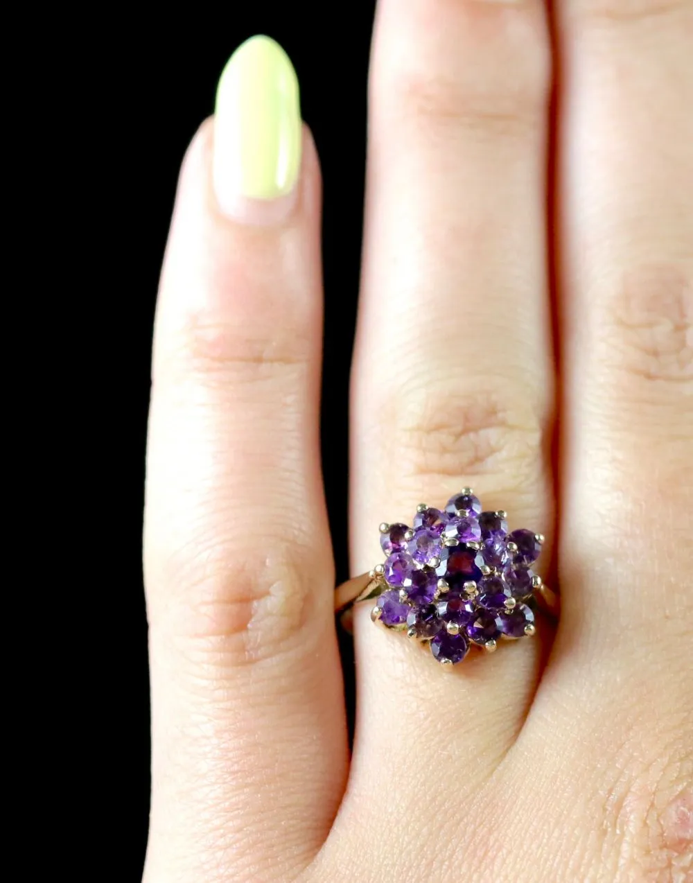 Vintage Amethyst Cluster Ring 9Ct Gold Dated London 1977