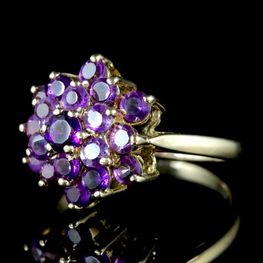 Vintage Amethyst Cluster Ring 9Ct Gold Dated London 1977