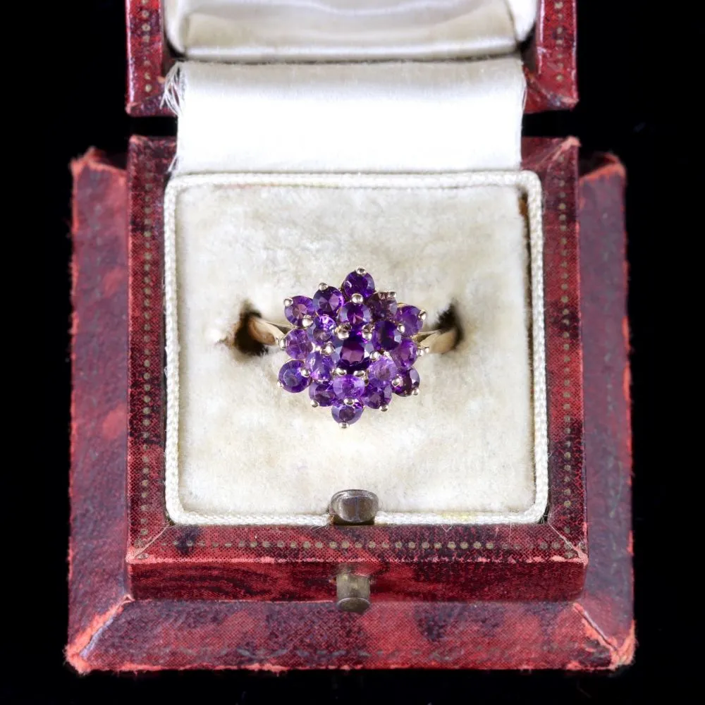 Vintage Amethyst Cluster Ring 9Ct Gold Dated London 1977