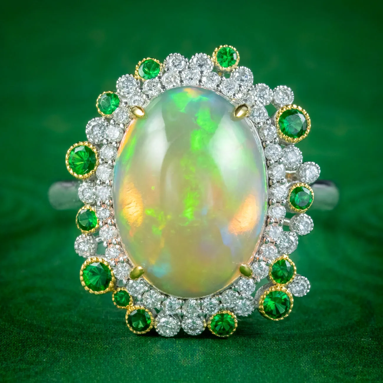 Vintage Opal Green Garnet Diamond Cocktail Ring 4.5ct Opal