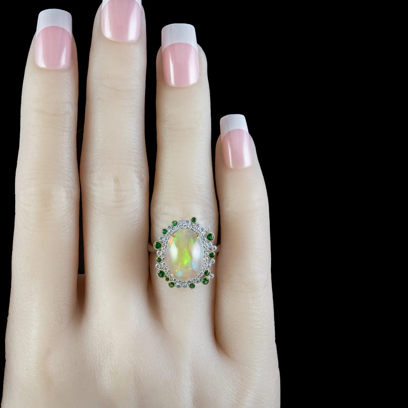 Vintage Opal Green Garnet Diamond Cocktail Ring 4.5ct Opal