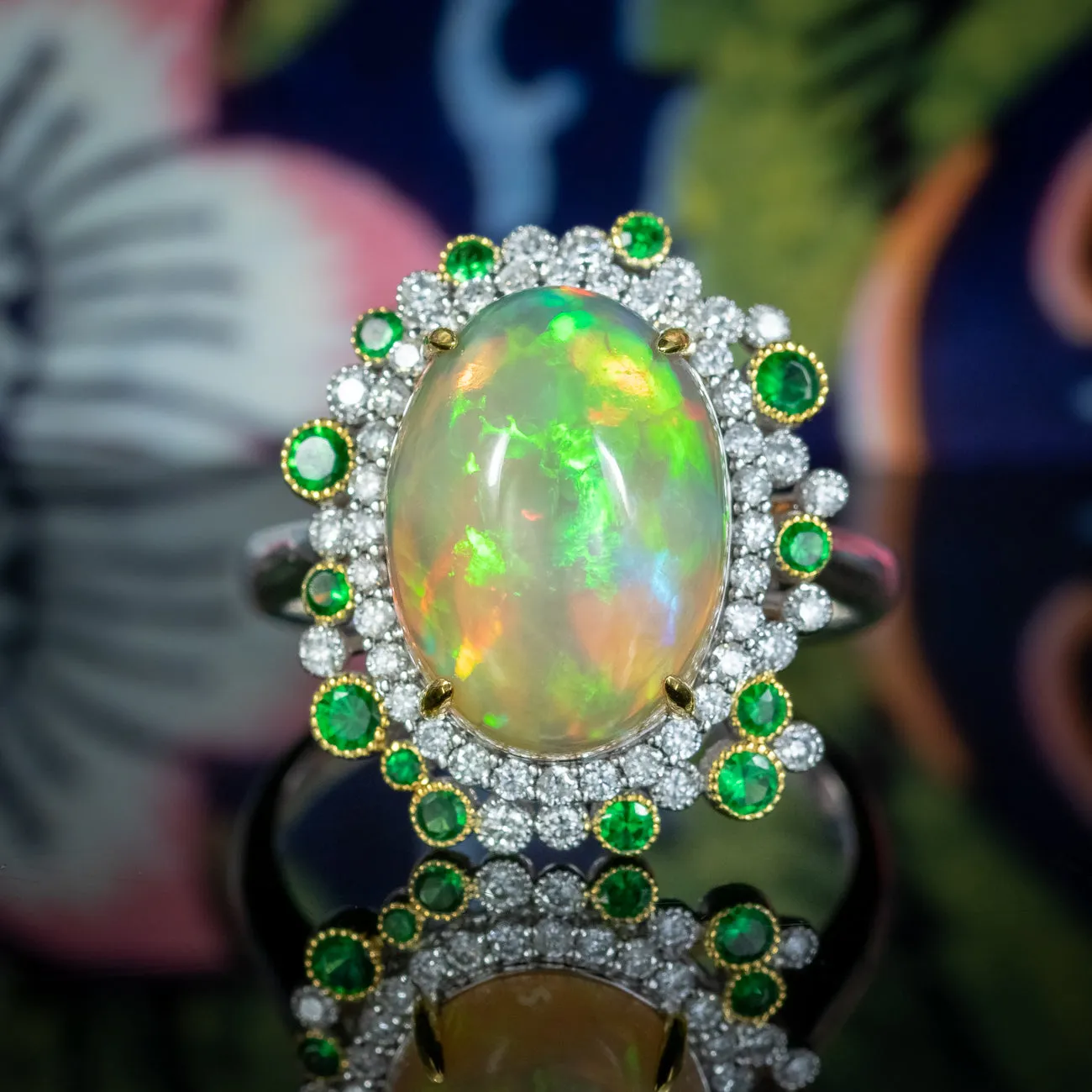 Vintage Opal Green Garnet Diamond Cocktail Ring 4.5ct Opal
