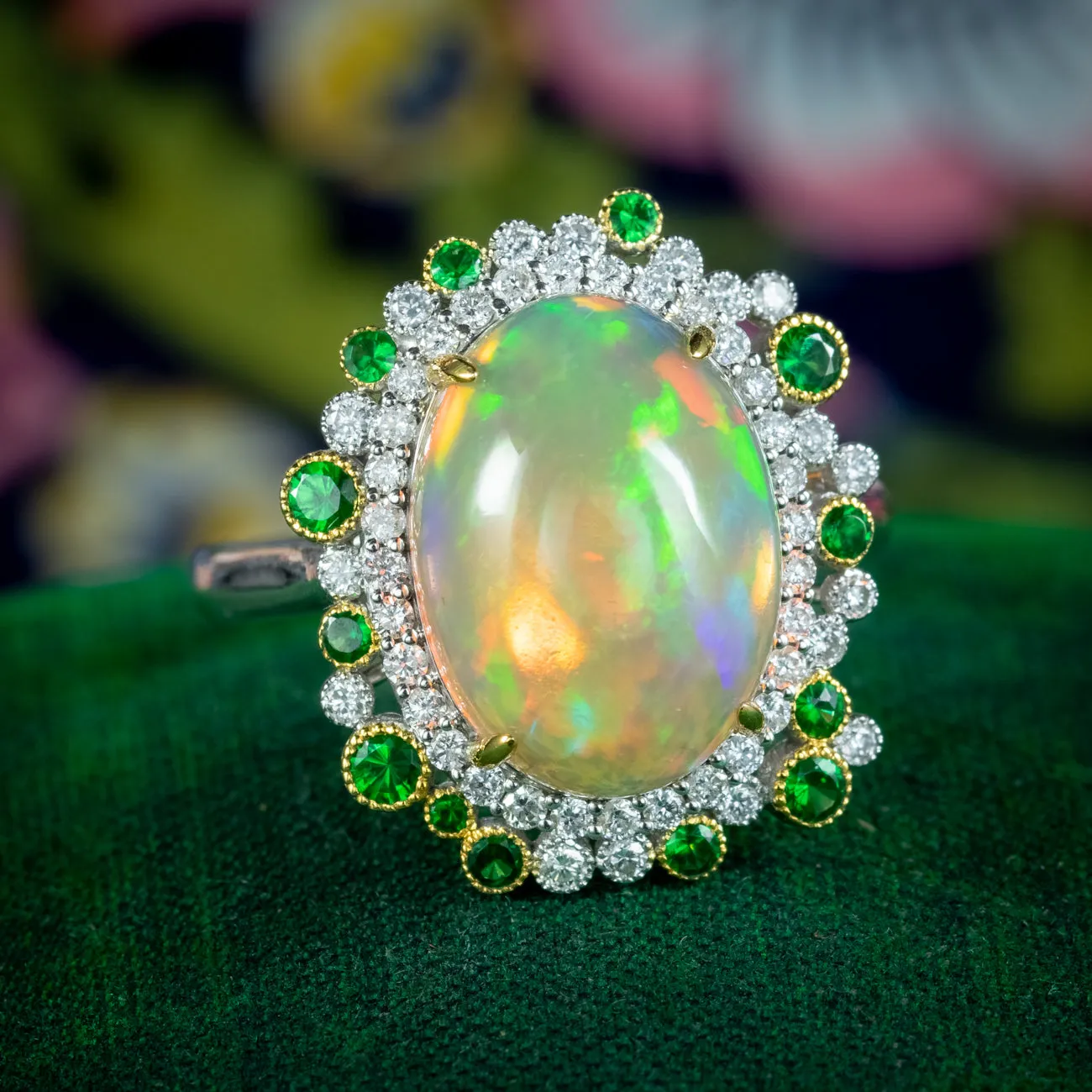 Vintage Opal Green Garnet Diamond Cocktail Ring 4.5ct Opal
