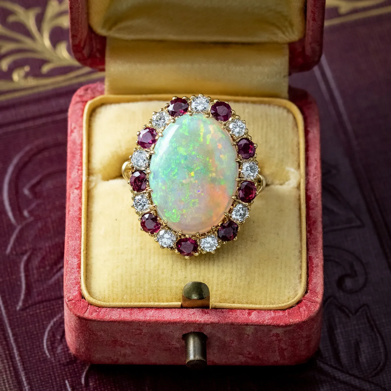Vintage Opal Ruby Diamond Cocktail Ring 12ct Opal With Box and Cert