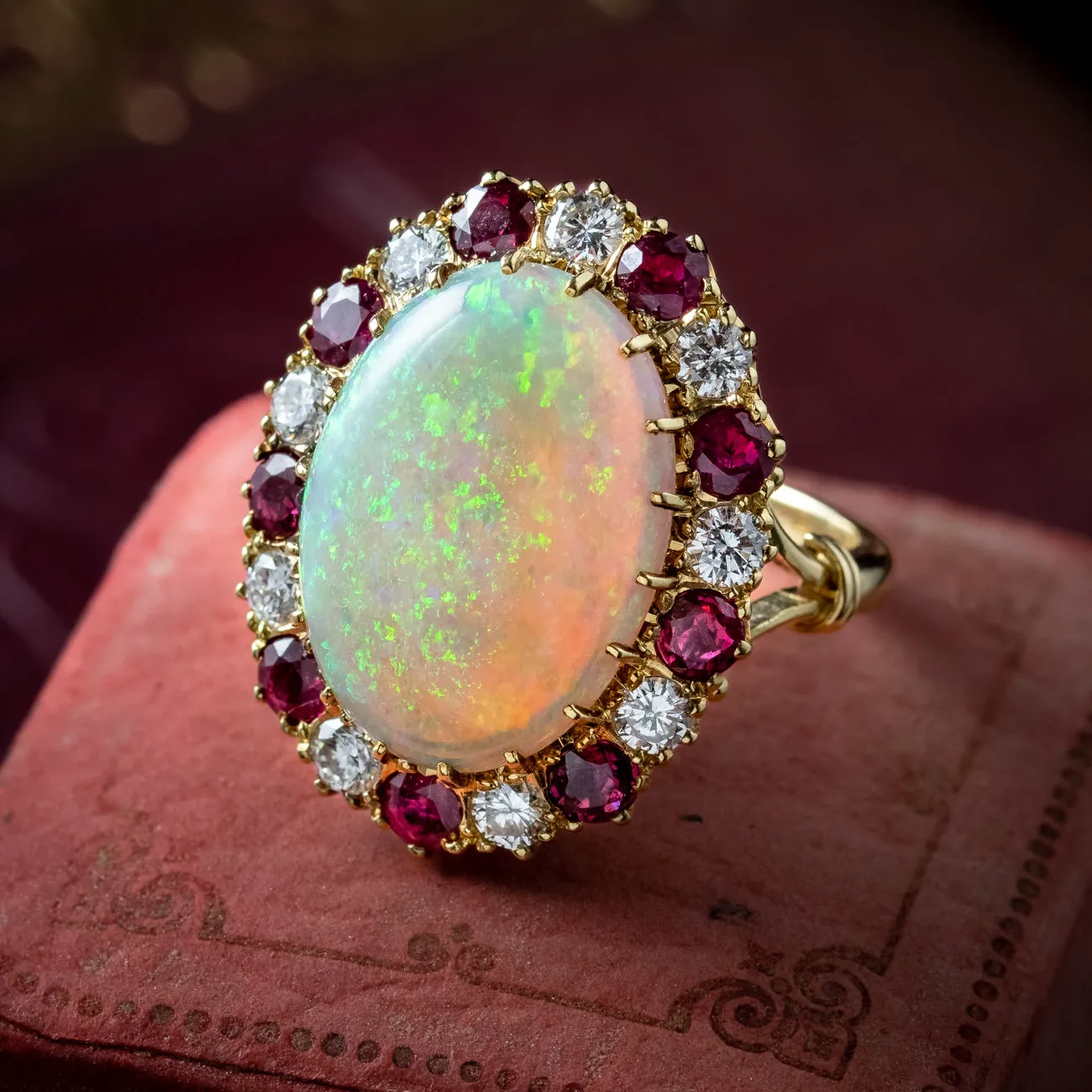 Vintage Opal Ruby Diamond Cocktail Ring 12ct Opal With Box and Cert
