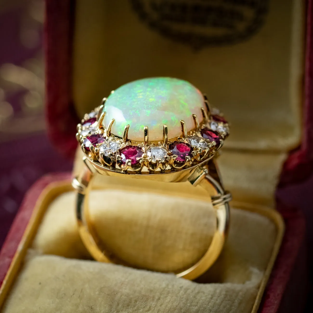 Vintage Opal Ruby Diamond Cocktail Ring 12ct Opal With Box and Cert