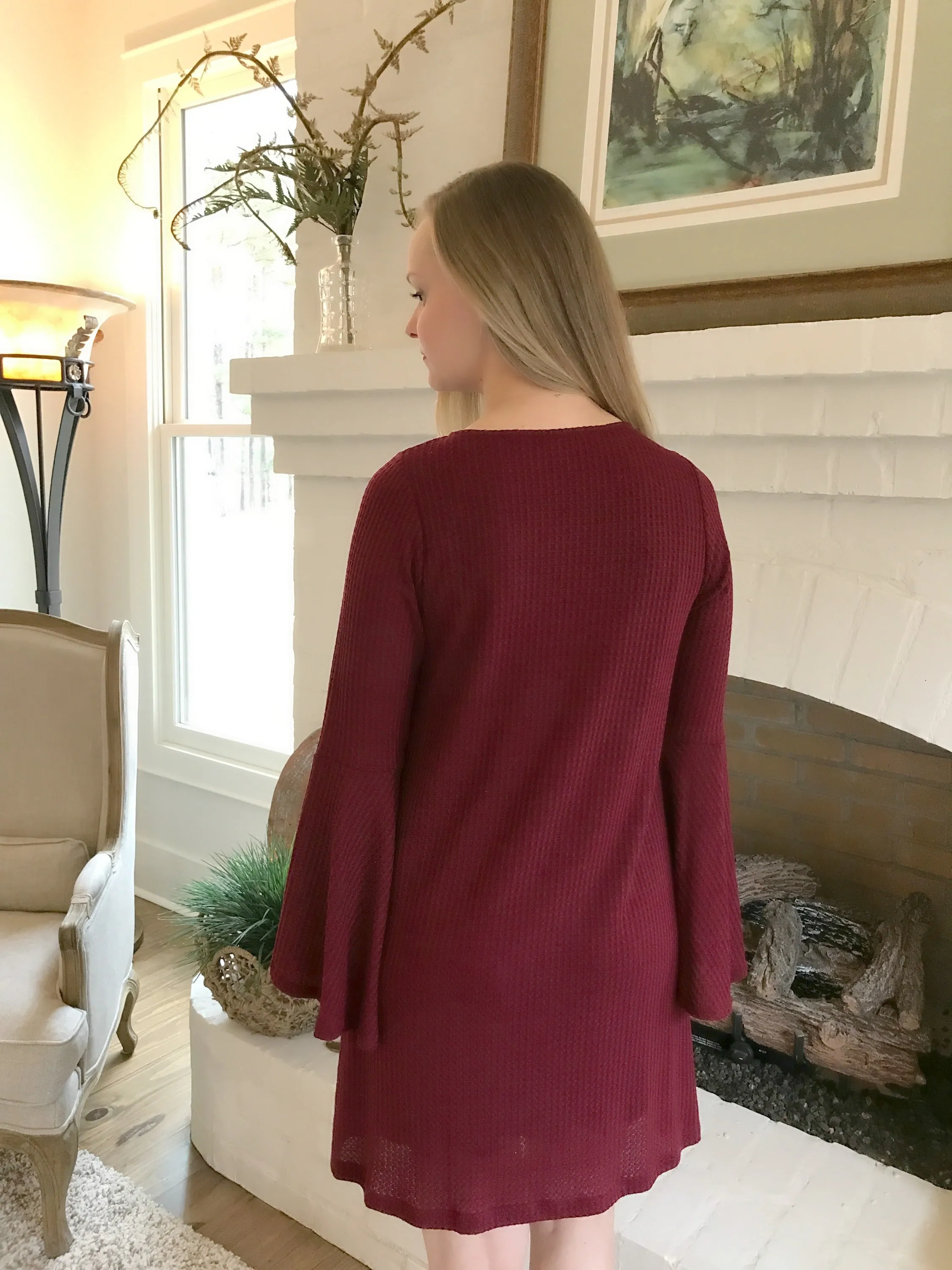 Wine Waffle Knit Bell Sleeve Dress