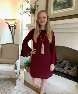 Wine Waffle Knit Bell Sleeve Dress