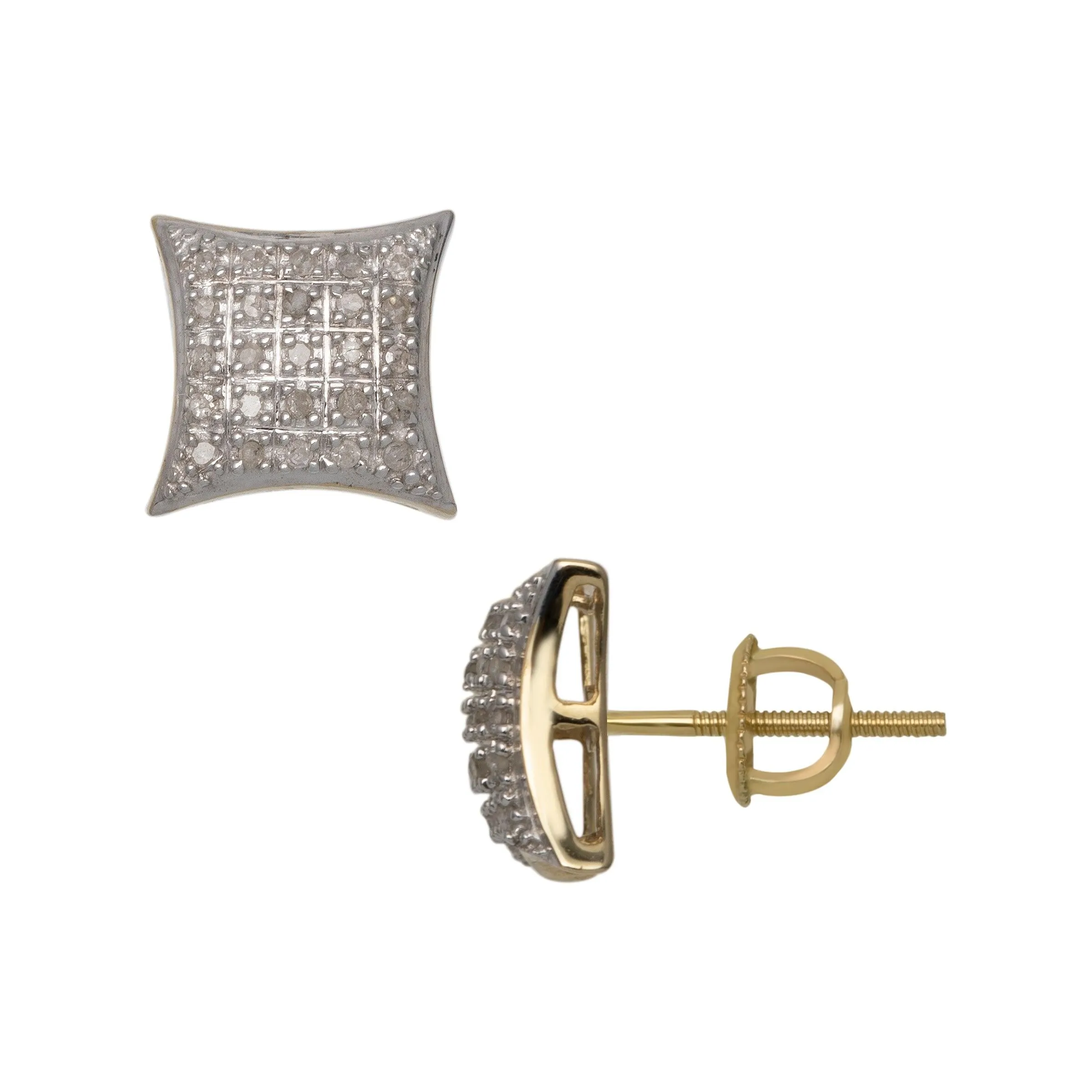 Women's Cushion Micro-Pavé Concave Square Diamond Stud Earrings 0.19ct 10K Yellow Gold